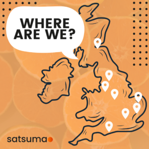 Satsuma team map - a map with pins showing where the Satsuma team are based