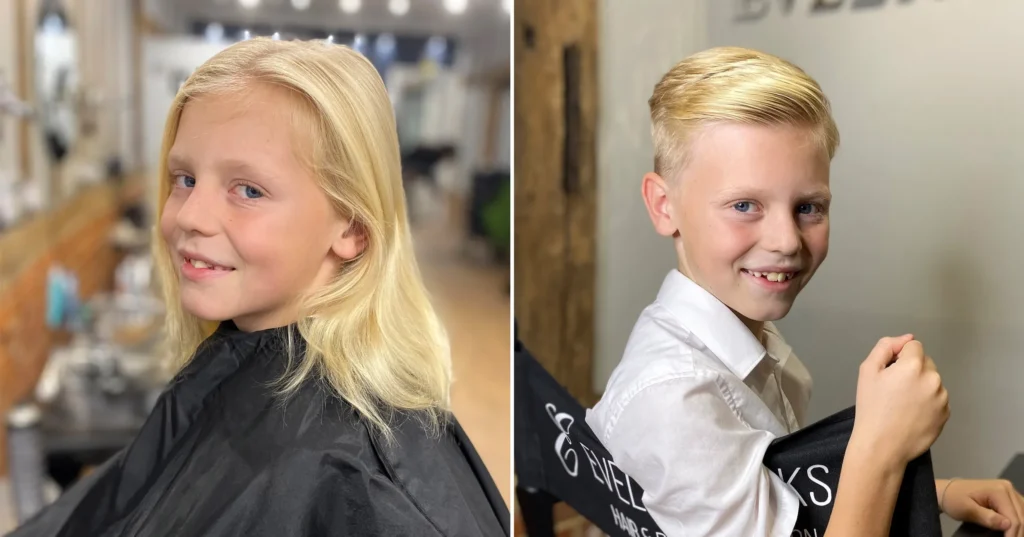 Ellen Widdup's son, before and after his haircut.