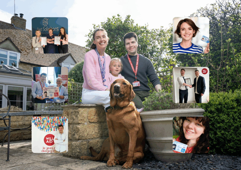 A smiling family sitting in a garden with their dog, surrounded by photos of people holding Will Aid certificated and National Disability Cards
