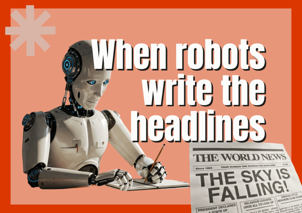A robot holding a pencil and writing in a notebook, next to a fake newspaper with the headline 'The sky is falling!' Overlaid text says 'When robots write the headlines'