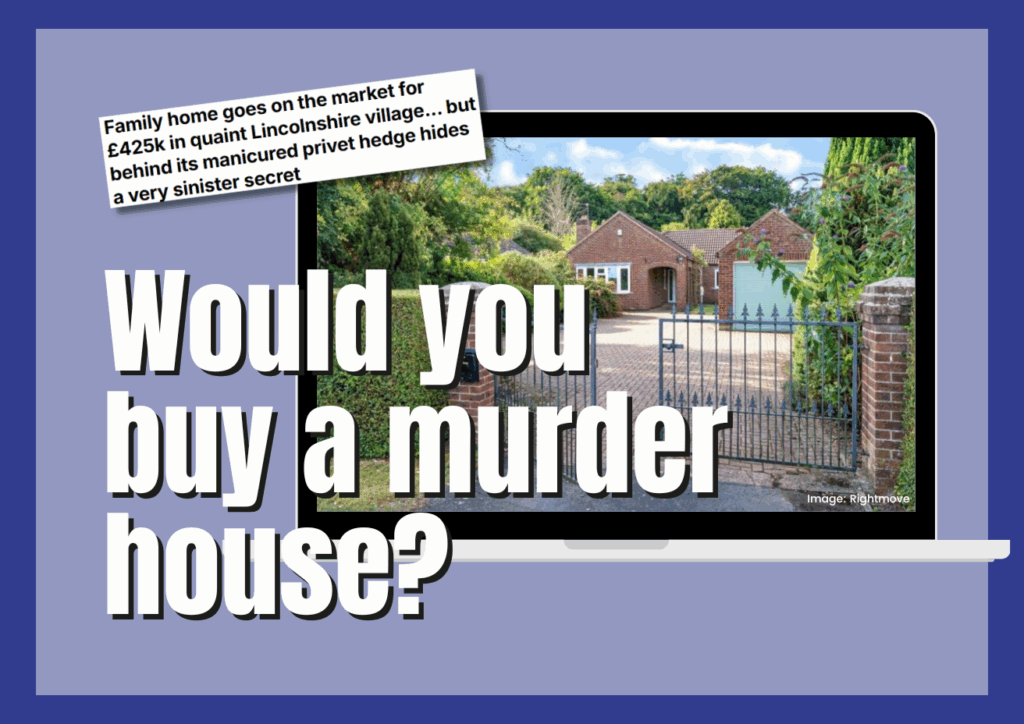 A laptop showing a photo of a gated bungalow, with text asking would you buy a murder house?
