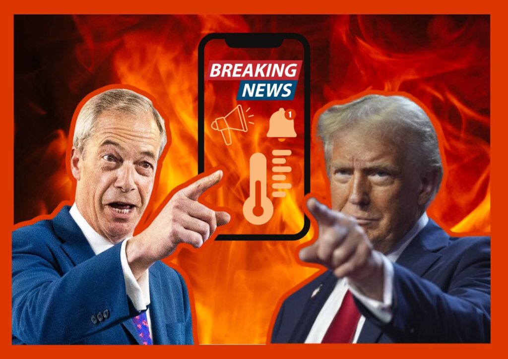 nigel farage and donald trump with fire behind them pointing to a phone with news on it