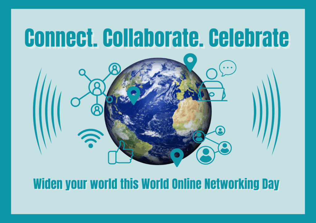 a globe on a blue background. the globe shows online connections all over the world