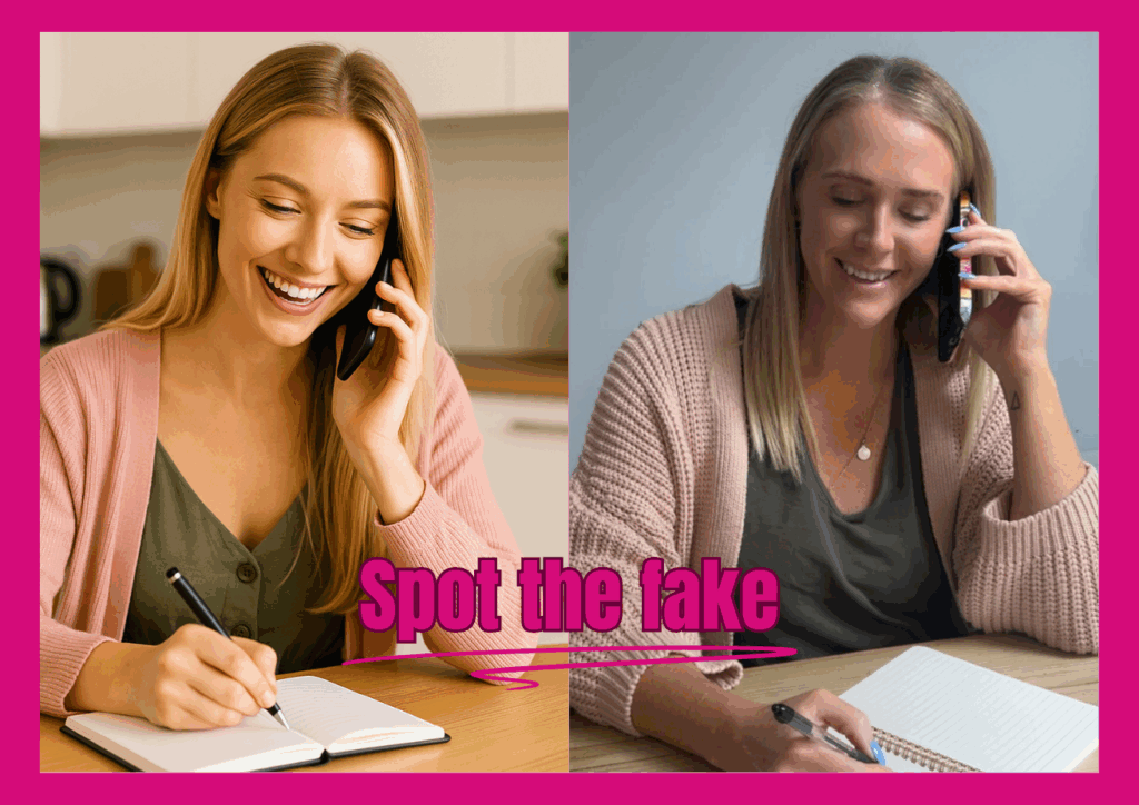 one AI woman holding her phone to her ear and writing in a note book, and one real woman doing the exact same thing. they both have blond hair, and are wearing a green top and a pink cardigan