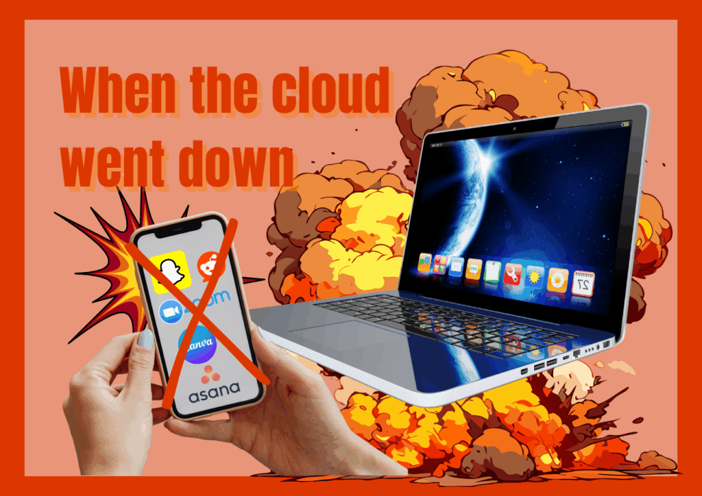 a computer with a huge explosion in the background. hands holding a moblile phone with apps crossed off