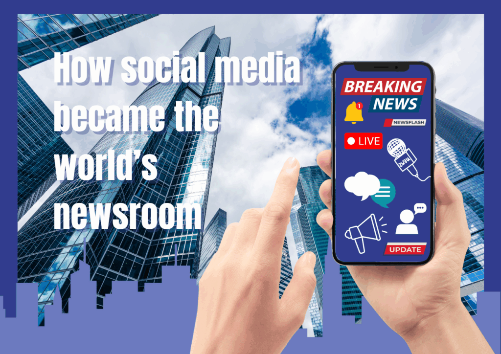 city background with some hands holding a phone which has lots of news things on it