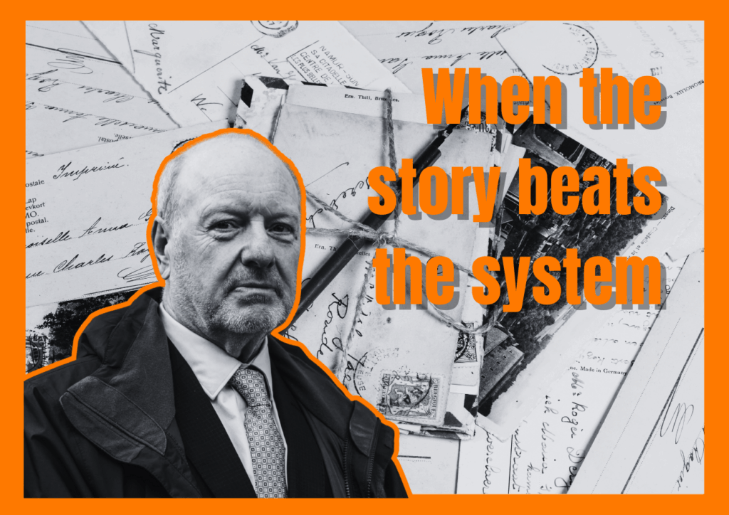 a black and white picture of Alan bates with black and white letters behind him. there is also an orange border